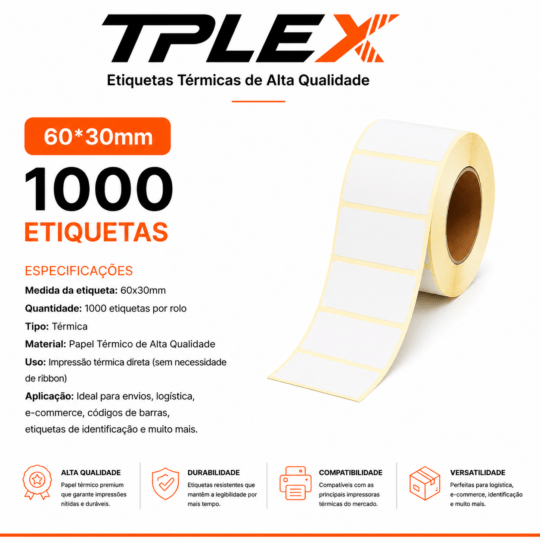 Etiqueta Adesiva Térmica  60x30mm 1000 PCS - Tplex