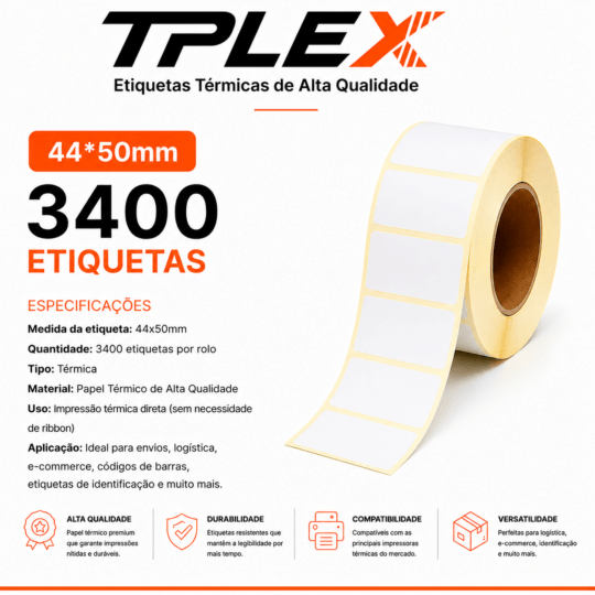 Etiqueta Adesiva Térmica 44x50mm 3400 PCS - Tplex