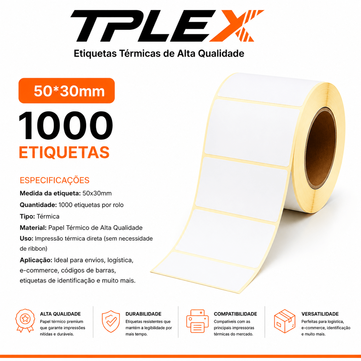 Etiqueta Térmica 50x30mm 1000 PCS - Tplex Brasil